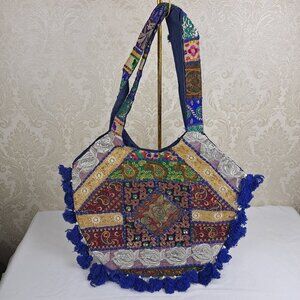 Handmade Colorful Patchwork Tote Bag with PomPom & Sequin Details NWOT